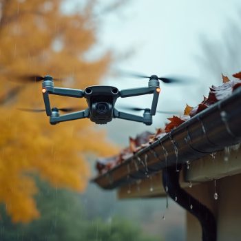 Drone inspects home gutter filled autumn leaves during rain. Aerial view of roof maintenance, home improvement. Tech for cleanliness prevention gutter cleaning. Outdoor inspection by UAV during