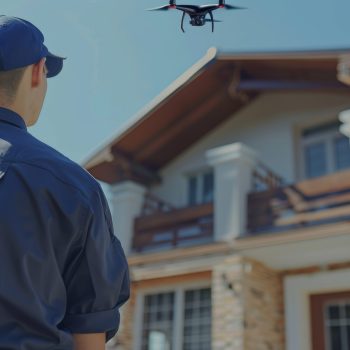 Professional man using drone to measure and inspect roof on house mission flight
