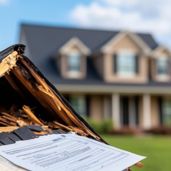 Damaged roof of a house with home insurance paperwork in the foreground insurance claim process