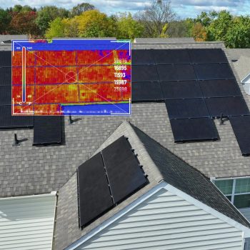 Thermal heat map animation over solar panels. Aerial shot in American neighborhood with renewable energy source. Monitoring and inspection of solar array efficiency